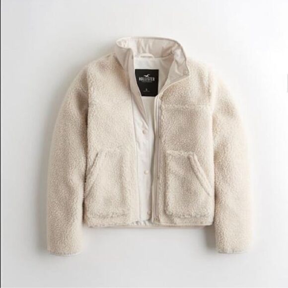 Hollister Cream Sherpa Bomber Jacket Full Zip with Snaps Size XS Off White - Picture 2 of 11